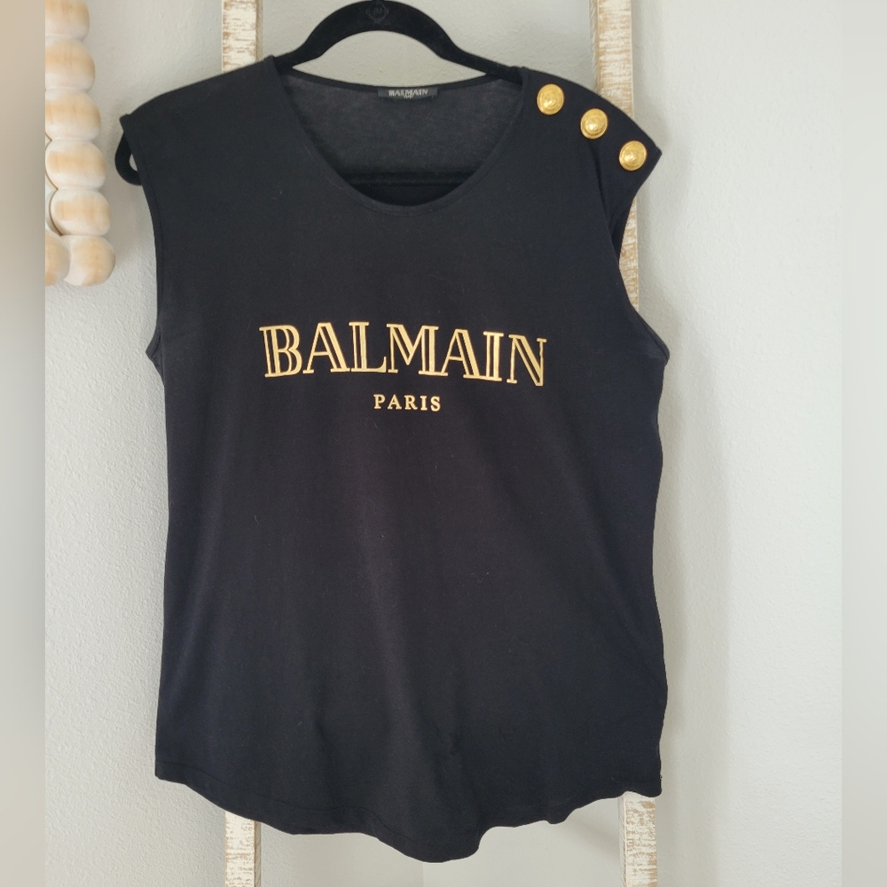 Balmain Black and Gold Tank with Button Detail at Shoulder Size 40 - Picture 8 of 10
